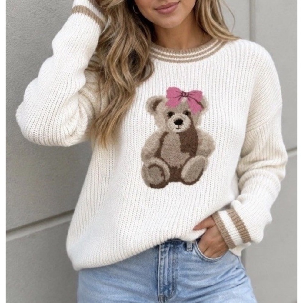 New Simply Southern Harper Teddy Bear Bow Knit Cream Sweater Women's Size Large
